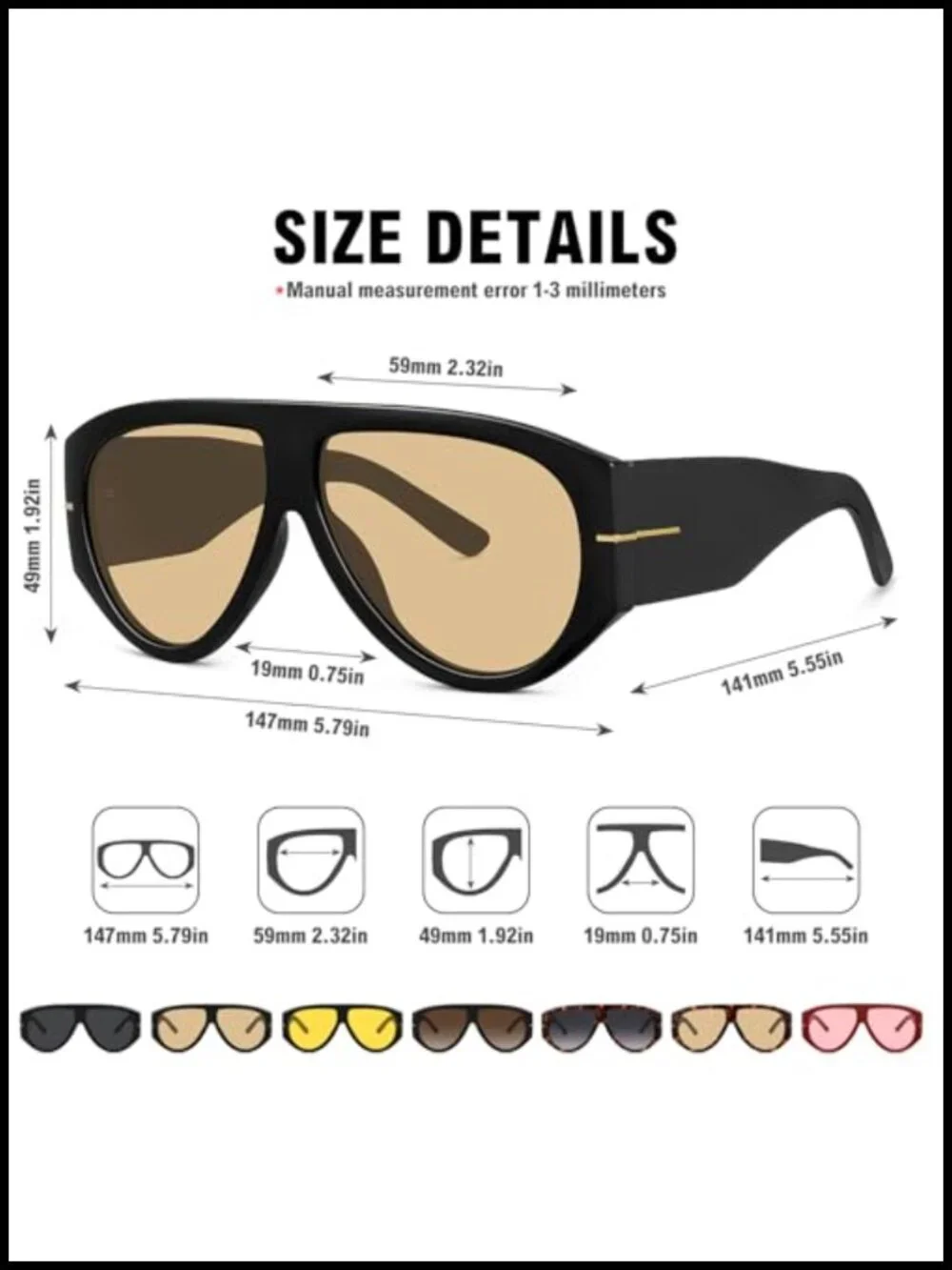 Oversized Aviator Sunglasses UV400 Retro Trendy Big Shades Driving Travel